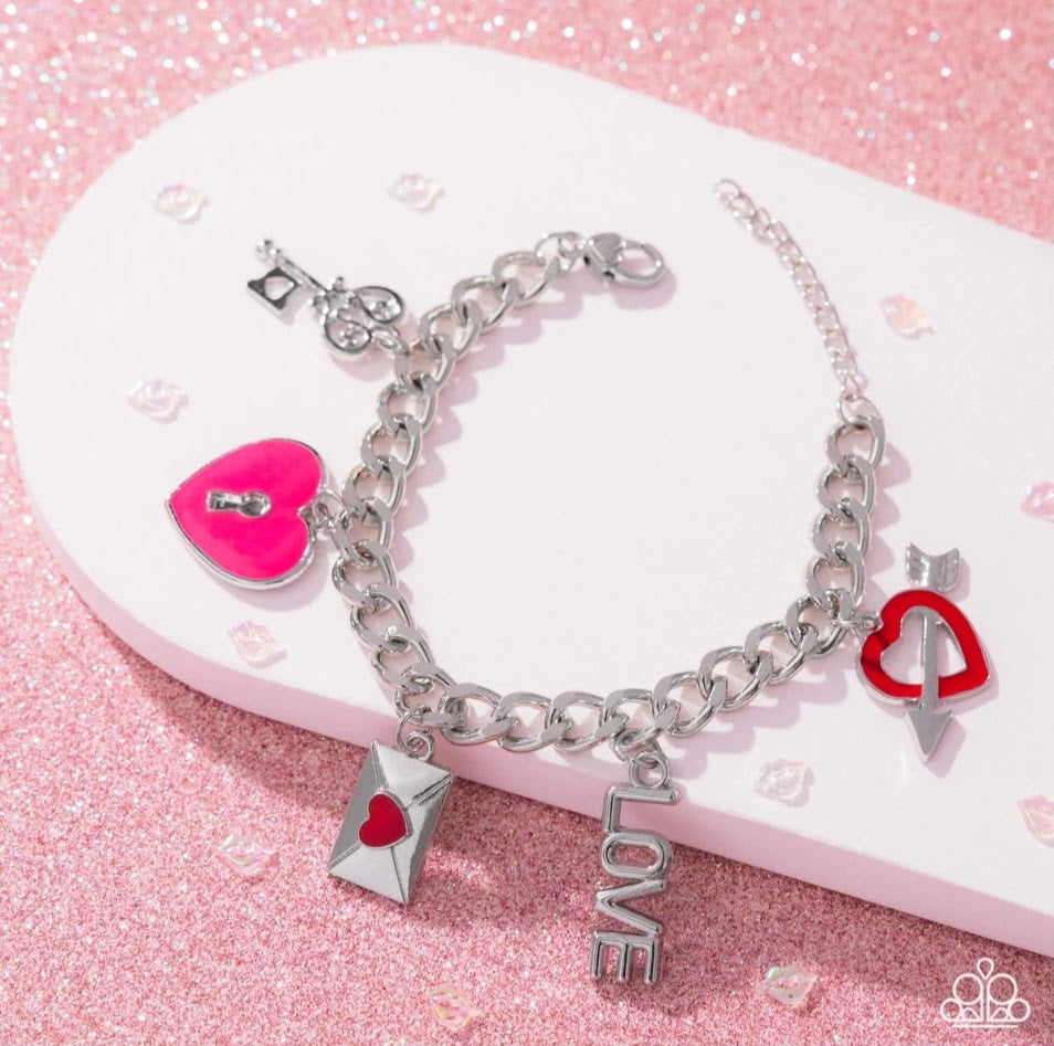 Valentines Variety - Pink Heart Key Lock Charm Bracelet