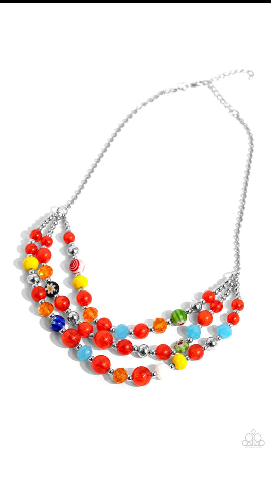 Summer Scope - Red and Colorful Bead Silver Layered Short Necklace