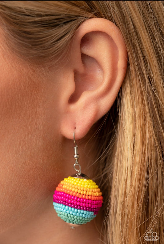 Zest Fest Pink Yellow Blue Seed Bead Spherical Ball Earrings
