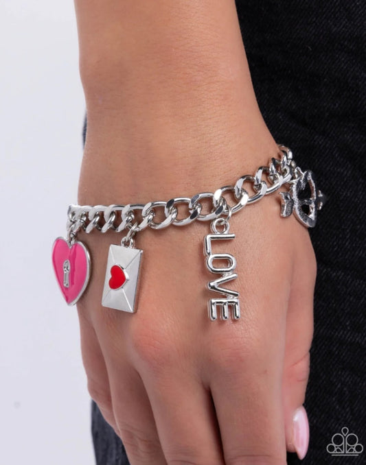 Valentines Variety - Pink Heart Key Lock Charm Bracelet